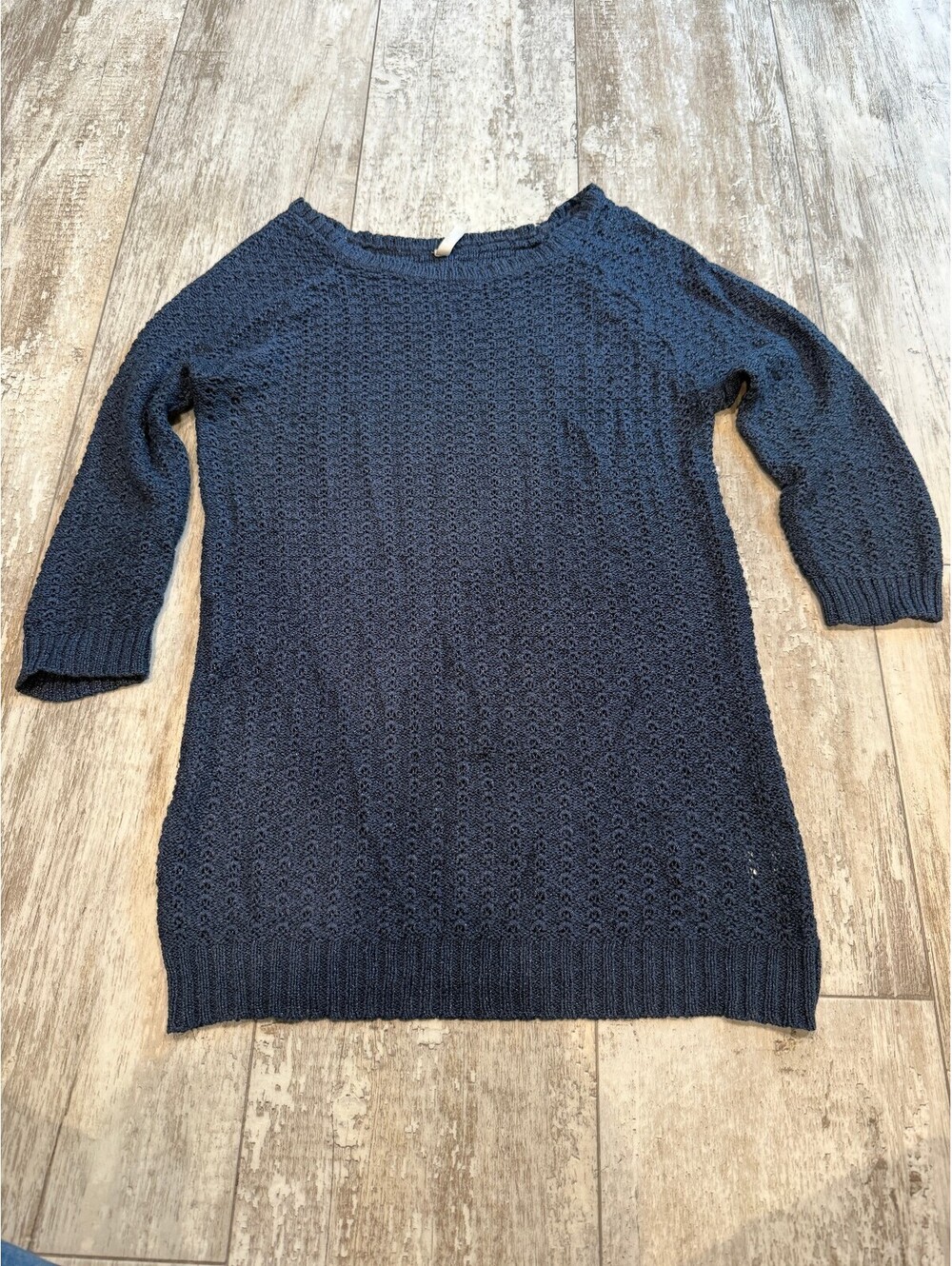 Frenchi M Navy Open Knit Sweater Boho Coastal Crochet